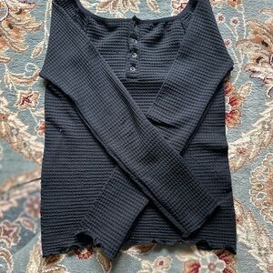Black Waffle Knit Long Sleeve Top